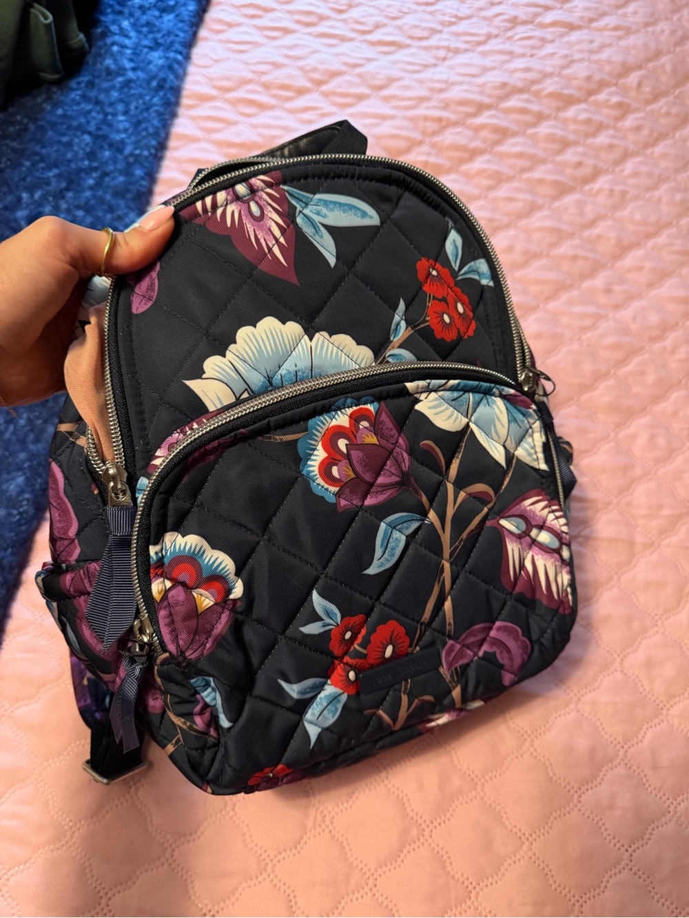 Vera Bradley Navy Quilted Floral Mini Backpack with Multicolor Blooms